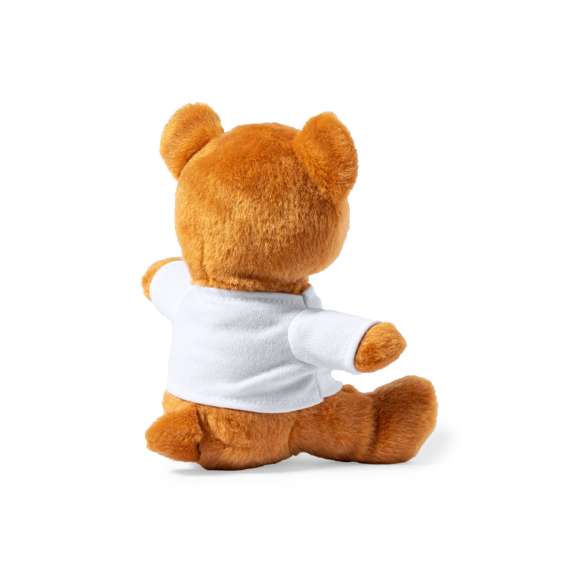  	Tierno y suave osito de peluche, disponible en tonos natural y marrón. Con camiseta blanca extraíble para fácil marcaje.