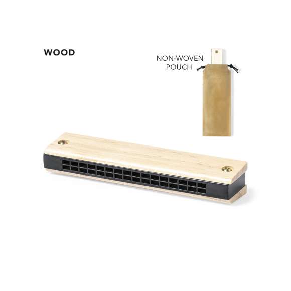 Armónica con tapas fabricadas en resistente madera natural de pino. Funda de presentación a juego con cordones de cierre.