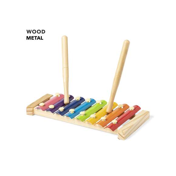 Xilófono con base y baquetas en madera natural de pino. Teclas metálicas multicolor y presentado en caja individual de diseño kraft.