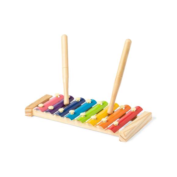 Xilófono con base y baquetas en madera natural de pino. Teclas metálicas multicolor y presentado en caja individual de diseño kraft.