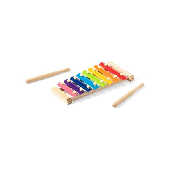 Xilófono con base y baquetas en madera natural de pino. Teclas metálicas multicolor y presentado en caja individual de diseño kraft.