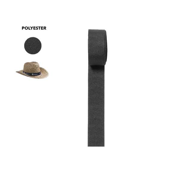 Cinta de poliéster extra ancha para sombrero. Servida en rollos completos de 100 metros de largo, con aproximadamente 150 cintas de 67 x 3,7cm. Disponible en variada gama de colores.