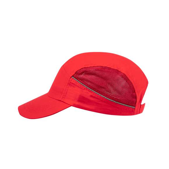 Gorra deportiva fabricada en suave y resistente microfibra. Con redecilla a juego para el sudor en paneles laterales y cierre ajustable de velcro. Con bandas reflectantes en los laterales y disponible en variada gama de colores -color blanco especial para marcaje en sublimación-.