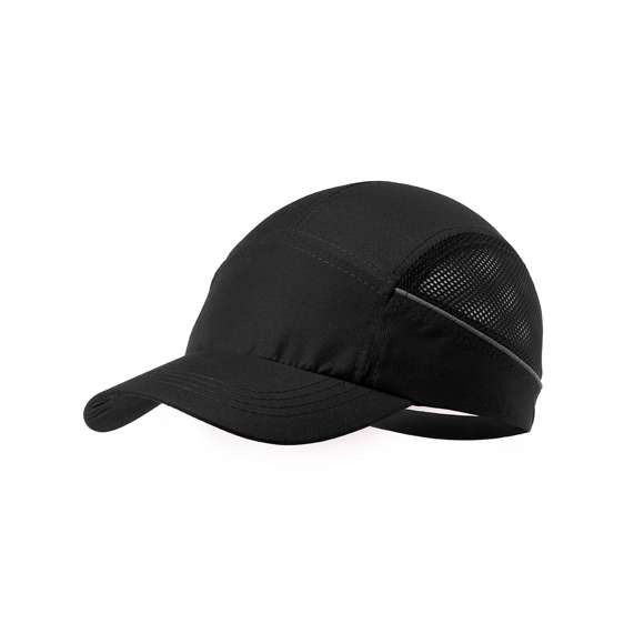 Gorra deportiva fabricada en suave y resistente microfibra. Con redecilla a juego para el sudor en paneles laterales y cierre ajustable de velcro. Con bandas reflectantes en los laterales y disponible en variada gama de colores -color blanco especial para marcaje en sublimación-.