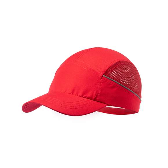 Gorra deportiva fabricada en suave y resistente microfibra. Con redecilla a juego para el sudor en paneles laterales y cierre ajustable de velcro. Con bandas reflectantes en los laterales y disponible en variada gama de colores -color blanco especial para marcaje en sublimación-.