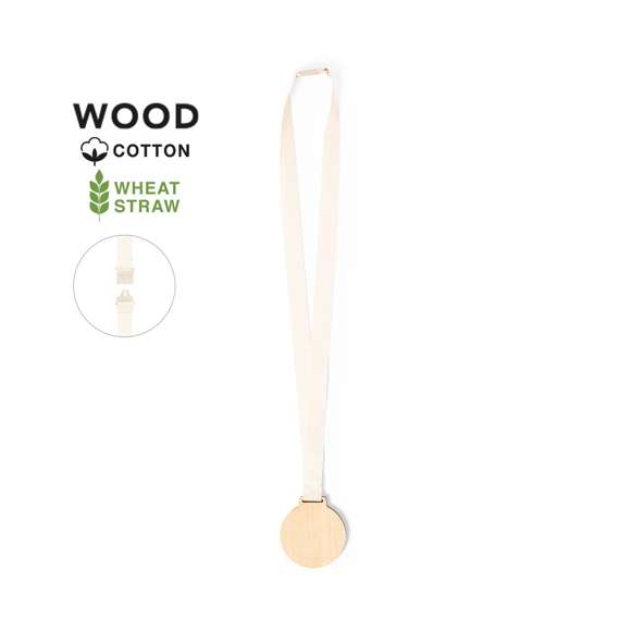 Medalla de línea nature fabricada en madera natural. Cordón fabricado en 100% algodón, con cierre de seguridad de fibra de trigo en el cuello.