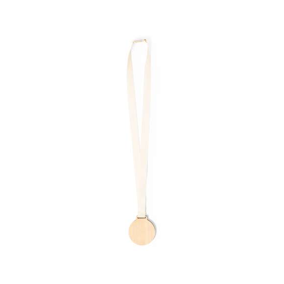 Medalla de línea nature fabricada en madera natural. Cordón fabricado en 100% algodón, con cierre de seguridad de fibra de trigo en el cuello.
