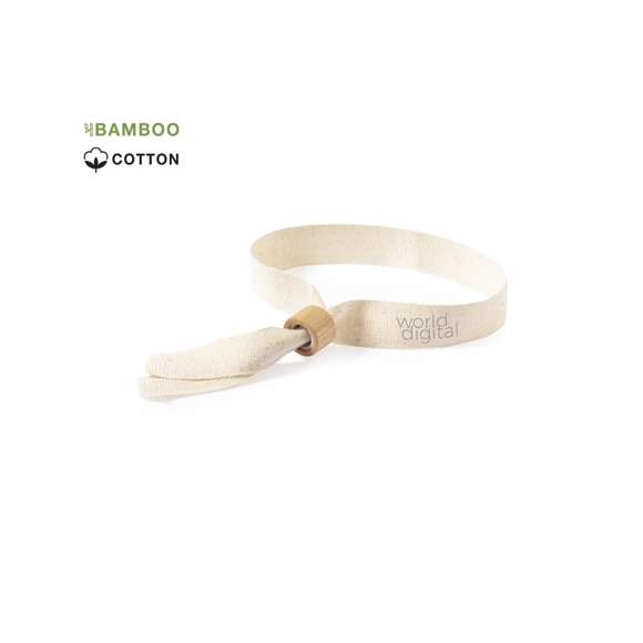 Pulsera de línea nature fabricada en resistente algodón 100%, con cierre de seguridad unidireccional en bambú.