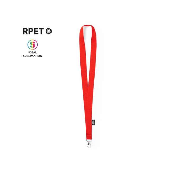 Lanyard de línea nature fabricado en resistente poliéster 300D RPET, con gancho metálico giratorio. Etiqueta con distintivo RPET y disponible en extensa gama de colores, color blanco especial para sublimación.El material RPET se elabora a partir de plástico reciclado, para así fomentar la reutilización de residuos plásticos y ayudar a la sostenibilidad del planeta.