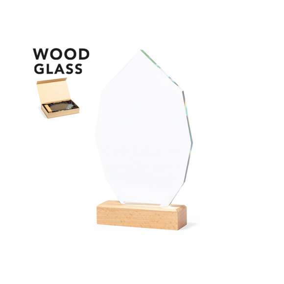 Placa conmemorativa fabricada en cristal grueso y resistente, con base en madera natural. Presentada en estuche de protección kraft, con cierre magnético y espuma interior.
