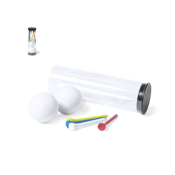 Completo set de golf de 6 accesorios. Incluye 2 pelotas blancas de doble capa y 4 tees de madera en colores amarillo, azul, blanco y rojo. Presentación en bote transparente con tapón.