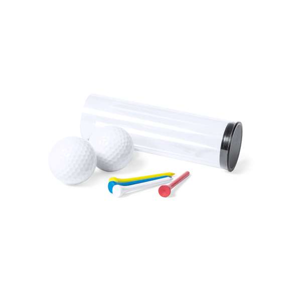 Completo set de golf de 6 accesorios. Incluye 2 pelotas blancas de doble capa y 4 tees de madera en colores amarillo, azul, blanco y rojo. Presentación en bote transparente con tapón.