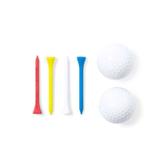 Completo set de golf de 6 accesorios. Incluye 2 pelotas blancas de doble capa y 4 tees de madera en colores amarillo, azul, blanco y rojo. Presentación en bote transparente con tapón.