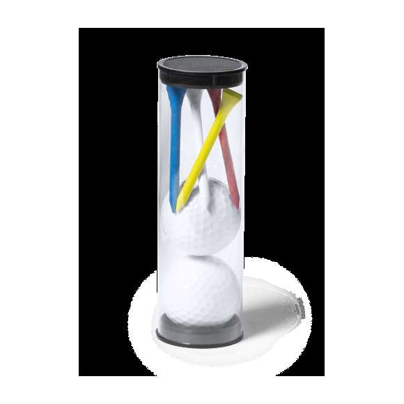 Completo set de golf de 6 accesorios. Incluye 2 pelotas blancas de doble capa y 4 tees de madera en colores amarillo, azul, blanco y rojo. Presentación en bote transparente con tapón.