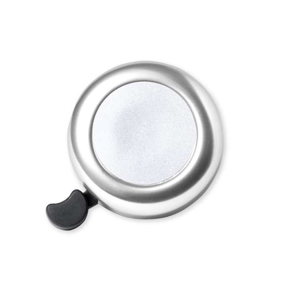 Timbre para bicicleta fabricado en resistente aluminio de acabado brillo. Con ajuste de seguridad para manillar y disponible en variada gama de colores.