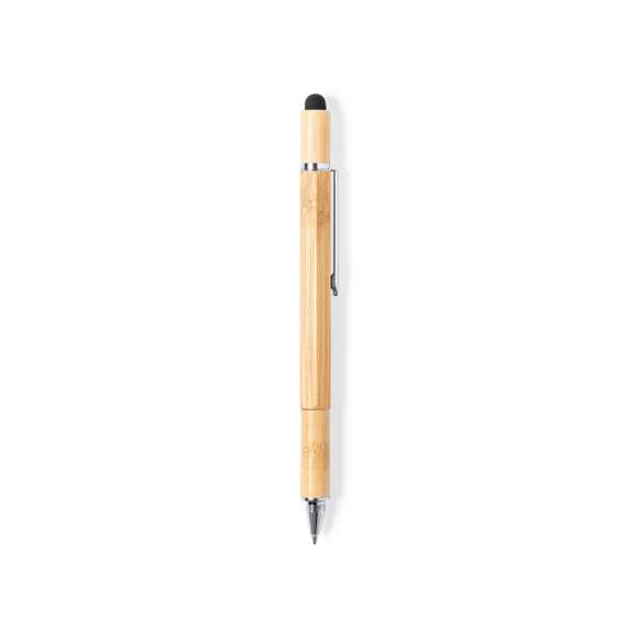 Bolígrafo multifunción de línea nature fabricado en bambú. De mecanismo giratorio y en tinta azul, con clip metálico y accesorios en cromado. Funciones bolígrafo, puntero táctil, destornillador plano y philips  nivel y regla.