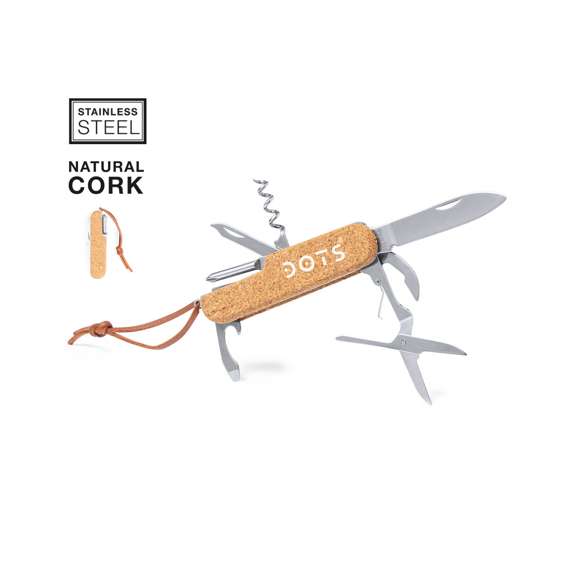 Navaja multiusos de línea nature, con resistente cuerpo en acero inox y empuñadura de corcho natural. Con 9 funciones entre otras, navaja, abridor, tijeras, lima, destornillador con puntas plana y philips, sacacorchos… Cordón a juego en polipiel y presentada en caja individual de diseño kraft.