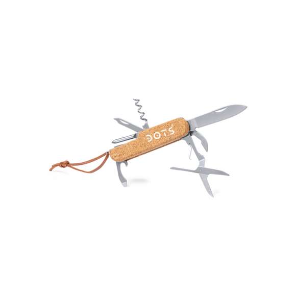 Navaja multiusos de línea nature, con resistente cuerpo en acero inox y empuñadura de corcho natural. Con 9 funciones entre otras, navaja, abridor, tijeras, lima, destornillador con puntas plana y philips, sacacorchos… Cordón a juego en polipiel y presentada en caja individual de diseño kraft.