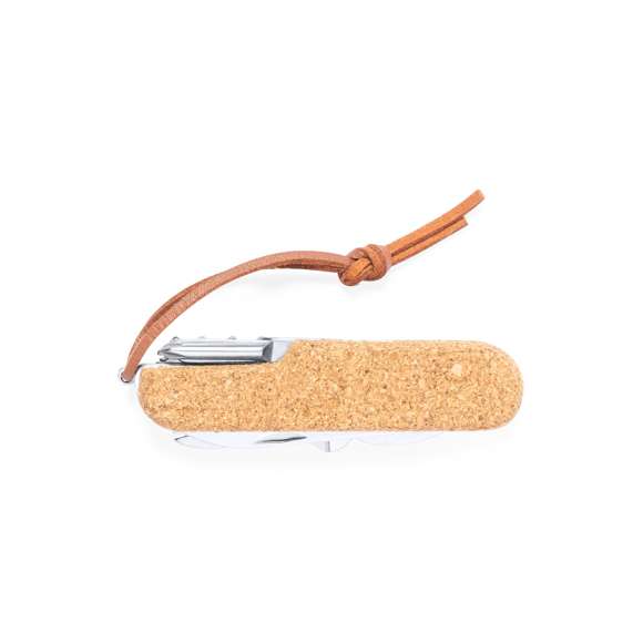 Navaja multiusos de línea nature, con resistente cuerpo en acero inox y empuñadura de corcho natural. Con 9 funciones entre otras, navaja, abridor, tijeras, lima, destornillador con puntas plana y philips, sacacorchos… Cordón a juego en polipiel y presentada en caja individual de diseño kraft.