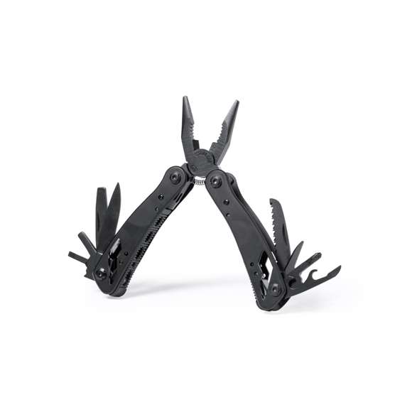 Multiherramienta con accesorios en acero inox de acabado negro y resistente empuñadura a juego en aluminio. Con 13 funciones, entre ellas cuchillo y navaja  destornillador, lima  abridor y alicates. Plegable y de tamaño compacto, presentada en caja individual de diseño negra.