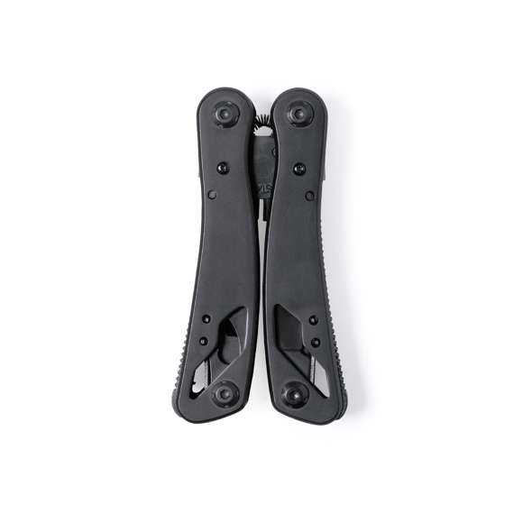 Multiherramienta con accesorios en acero inox de acabado negro y resistente empuñadura a juego en aluminio. Con 13 funciones, entre ellas cuchillo y navaja  destornillador, lima  abridor y alicates. Plegable y de tamaño compacto, presentada en caja individual de diseño negra.