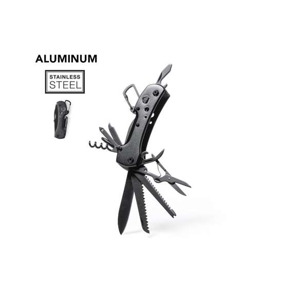 Navaja multiusos con accesorios en acero inox de acabado negro y resistente empuñadura a juego en aluminio, con mosquetón integrado en mango. 13 funciones, entre ellas cuchillo y navaja  destornillador, lima  abridor y tijeras. Plegable y de tamaño compacto, presentada en caja individual de diseño negra.