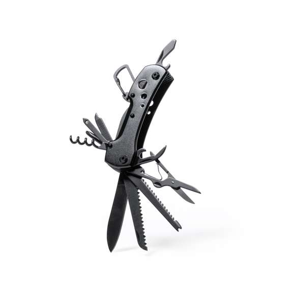 Navaja multiusos con accesorios en acero inox de acabado negro y resistente empuñadura a juego en aluminio, con mosquetón integrado en mango. 13 funciones, entre ellas cuchillo y navaja  destornillador, lima  abridor y tijeras. Plegable y de tamaño compacto, presentada en caja individual de diseño negra.