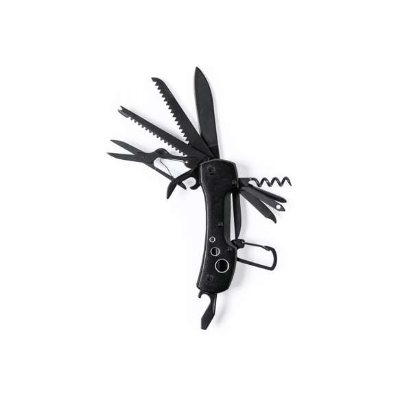 Navaja multiusos con accesorios en acero inox de acabado negro y resistente empuñadura a juego en aluminio, con mosquetón integrado en mango. 13 funciones, entre ellas cuchillo y navaja  destornillador, lima  abridor y tijeras. Plegable y de tamaño compacto, presentada en caja individual de diseño negra.