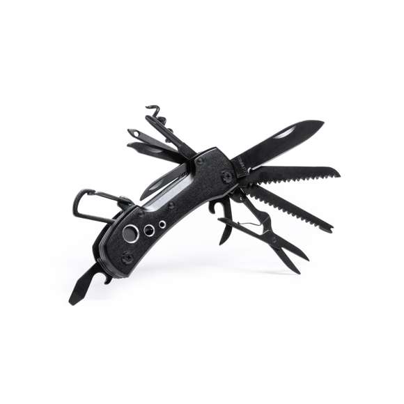 Navaja multiusos con accesorios en acero inox de acabado negro y resistente empuñadura a juego en aluminio, con mosquetón integrado en mango. 13 funciones, entre ellas cuchillo y navaja  destornillador, lima  abridor y tijeras. Plegable y de tamaño compacto, presentada en caja individual de diseño negra.