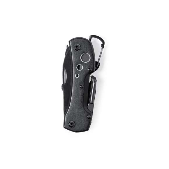 Navaja multiusos con accesorios en acero inox de acabado negro y resistente empuñadura a juego en aluminio, con mosquetón integrado en mango. 13 funciones, entre ellas cuchillo y navaja  destornillador, lima  abridor y tijeras. Plegable y de tamaño compacto, presentada en caja individual de diseño negra.