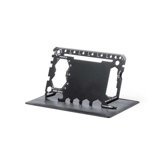 Multiherramienta con resistente cuerpo en acero inox y 17 funciones. Entre otras, funciones abrelatas, cuchillo, destornillador, regla, abrebotellas, llave inglesa, llave de mariposa y transportador de ángulos.