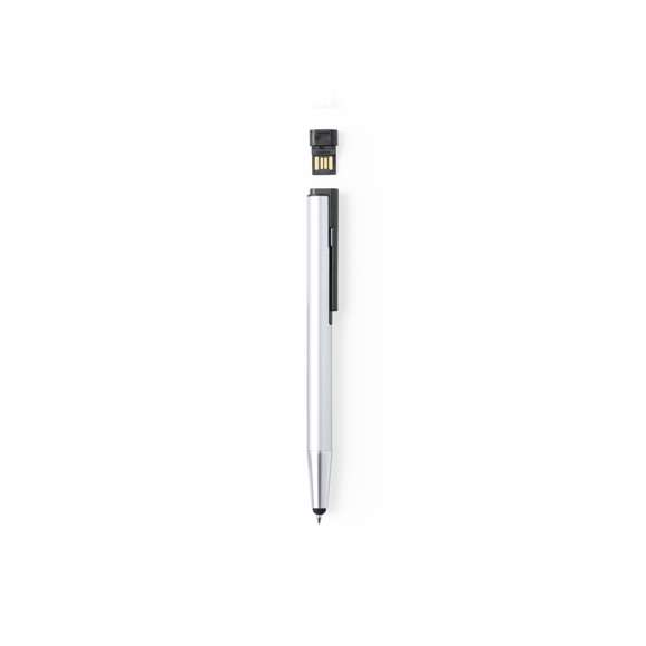 Bolígrafo puntero USB fabricado en resistente aluminio de acabado brillo. Con memoria USB de 16GB de capacidad integrada en la parte superior y clip en negro. De mecanismo pulsador, con cartucho jumbo y en tinta azul. Presentado en caja individual negra.