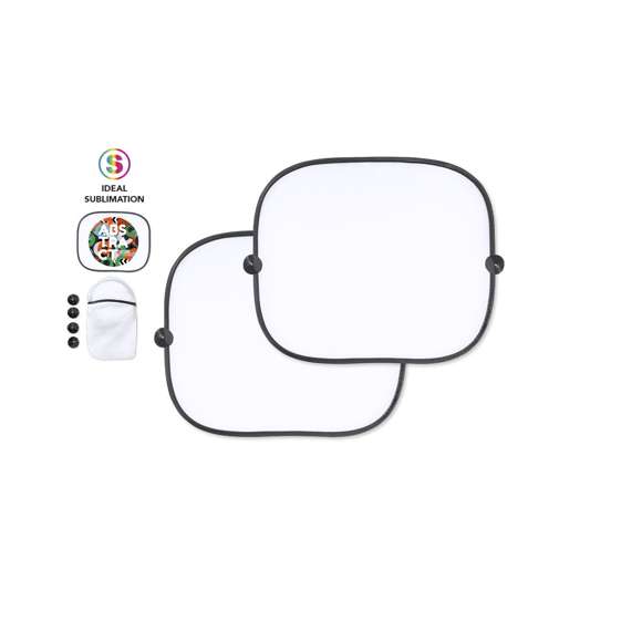 Original set de 2 parasoles plegables para ventanilla, fabricados en resistente poliéster. Ligeros y en medidas 44 x 36 cm cada uno, con ribetes reforzados y fijación por ventosas (4 unidades incluidas). Con sencillo sistema de plegado y funda individual a juego. Color blanco especial para sublimación.