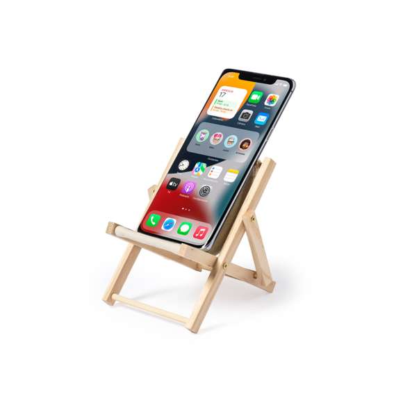 Original soporte para smartphone plegable, con estructura fabricada en madera y tela en 100% algodón de acabado natural.