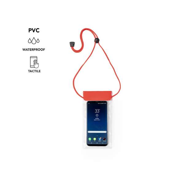 Práctico portatodo impermeable en PVC, con función táctil y doble sistema de seguridad para preservar la estanqueidad. Especialmente diseñado para dispositivos con pantalla de 6,5 pulgadas. Con cordón a juego, accesorio de ajuste y amplia superficie de marcaje.