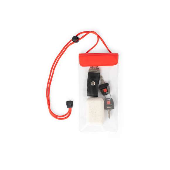 Práctico portatodo impermeable en PVC, con función táctil y doble sistema de seguridad para preservar la estanqueidad. Especialmente diseñado para dispositivos con pantalla de 6,5 pulgadas. Con cordón a juego, accesorio de ajuste y amplia superficie de marcaje.
