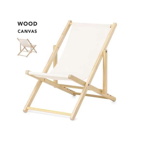 Silla plegable con estructura fabricada en madera, con respaldo y asiento en resistente y suave canvas de alto gramaje y acabado natural. Reclinable y convertible en tumbona, con 4 posiciones de ajuste y funda de transporte.