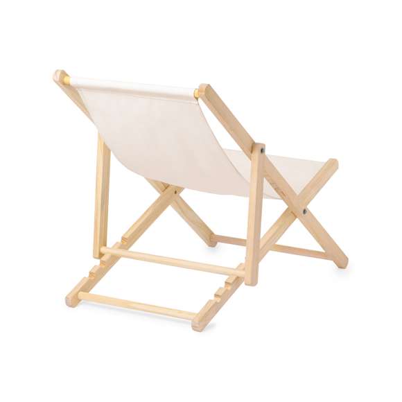 Silla plegable con estructura fabricada en madera, con respaldo y asiento en resistente y suave canvas de alto gramaje y acabado natural. Reclinable y convertible en tumbona, con 4 posiciones de ajuste y funda de transporte.