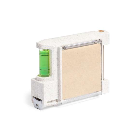 Flexómetro 3 m multifunción de línea nature, con carcasa fabrcada en caña de trigo. Con nivel integrado, soporte para bolígrafo (bolígrafo incluido) y bloc con 12 notas adhesivas en color natural. Con freno, clip metálico para cinturón y hoja con medidas en centímetros y pulgadas. Presentación en caja individual de diseño kraft.La caña de trigo fomenta la utilización de materias primas naturales, reduciendo así las emisiones contaminantes.