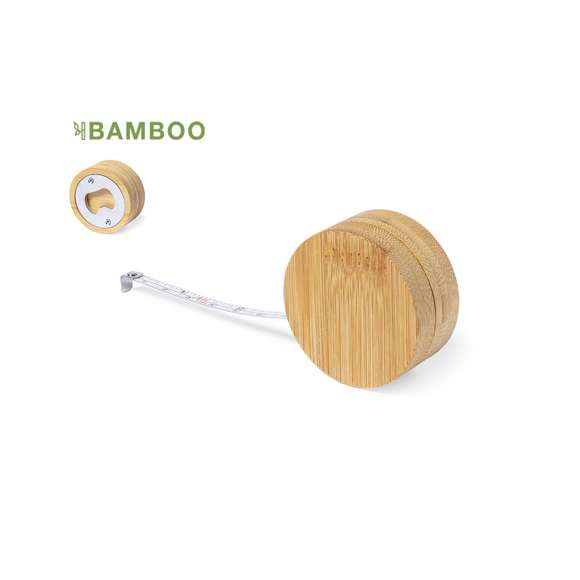 Flexómetro 1 m de línea nature fabricado en bambú, con abridor metálico integrado. Hoja con medidas en centímetros y pulgadas.