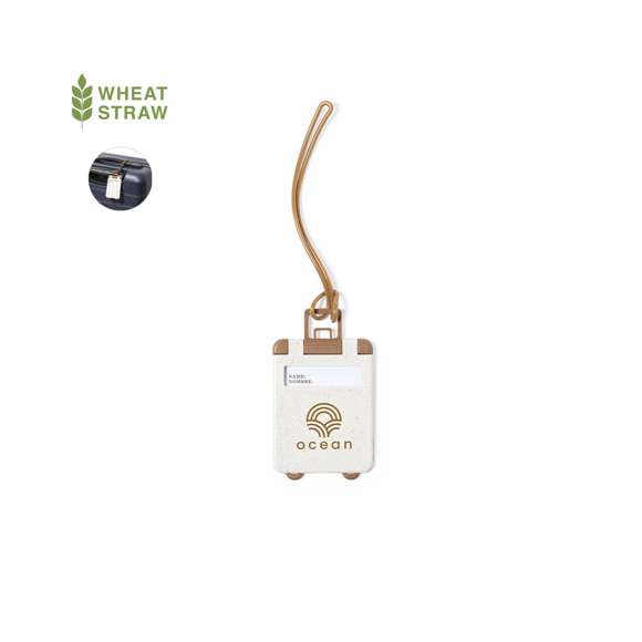 Identificador para maletas de línea nature y original diseño trolley, fabricado en caña de trigo. Con resistente cinta de acople y tarjeta de identificación en español e inglés.La caña de trigo fomenta la utilización de materias primas naturales, reduciendo así las emisiones contaminantes.