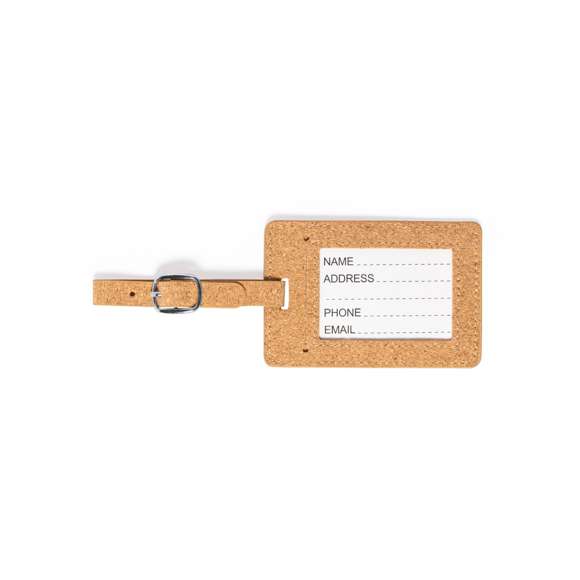 Identificador para maletas de línea nature fabricado en corcho natural. Cinta de acople con cierre de hebilla metálica y tarjeta de identificación en inglés.