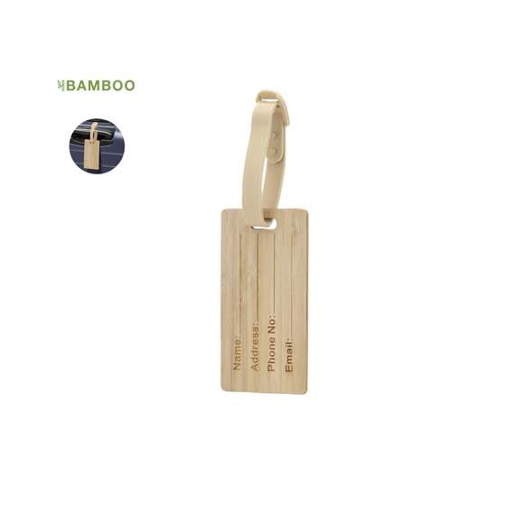 Identificador para maletas de línea nature fabricado en bambú. Cinta de acople con cierre de hebilla y datos de identificación en inglés, con cara opuesta lisa para marcaje.