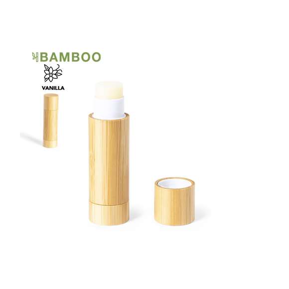 Bálsamo labial de línea nature, con aroma vainilla y protección SPF15. En envase dosificador de bambú con capucha.