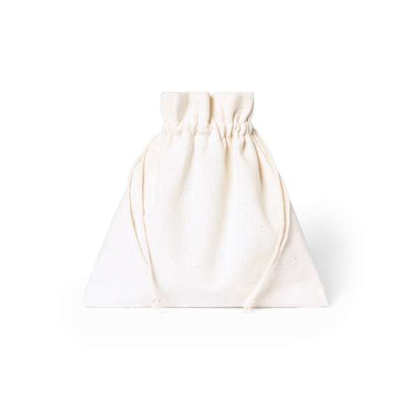 Cepillo exfoliante masajeador fabricado en madera natural, con cinta para sujeción a juego. Presentado en bolsa de algodón crudo 100% natural, con cierre de cordón