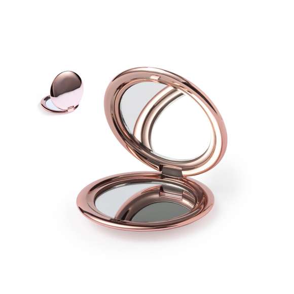Espejo plegable en elegante acabado metalizado. Con dos espejos interiores (1X y aumento 2X), disponible en colores dorado, plateado y oro rosa.