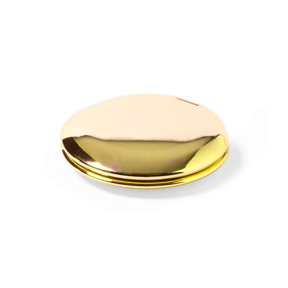 Espejo plegable en elegante acabado metalizado. Con dos espejos interiores (1X y aumento 2X), disponible en colores dorado, plateado y oro rosa.