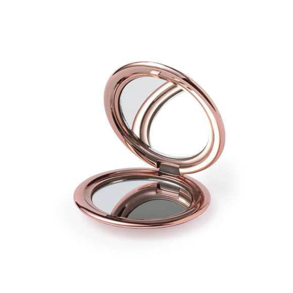 Espejo plegable en elegante acabado metalizado. Con dos espejos interiores (1X y aumento 2X), disponible en colores dorado, plateado y oro rosa.