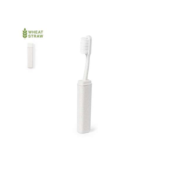 Cepillo de dientes plegable y de línea nature. Fabricado en caña de trigo, para así fomentar la utilización de materias primas naturales y reducir las emisiones contaminantes.