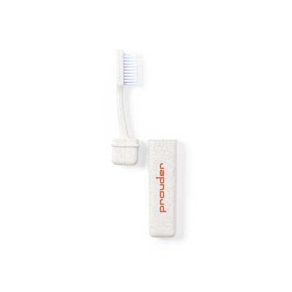 Cepillo de dientes plegable y de línea nature. Fabricado en caña de trigo, para así fomentar la utilización de materias primas naturales y reducir las emisiones contaminantes.
